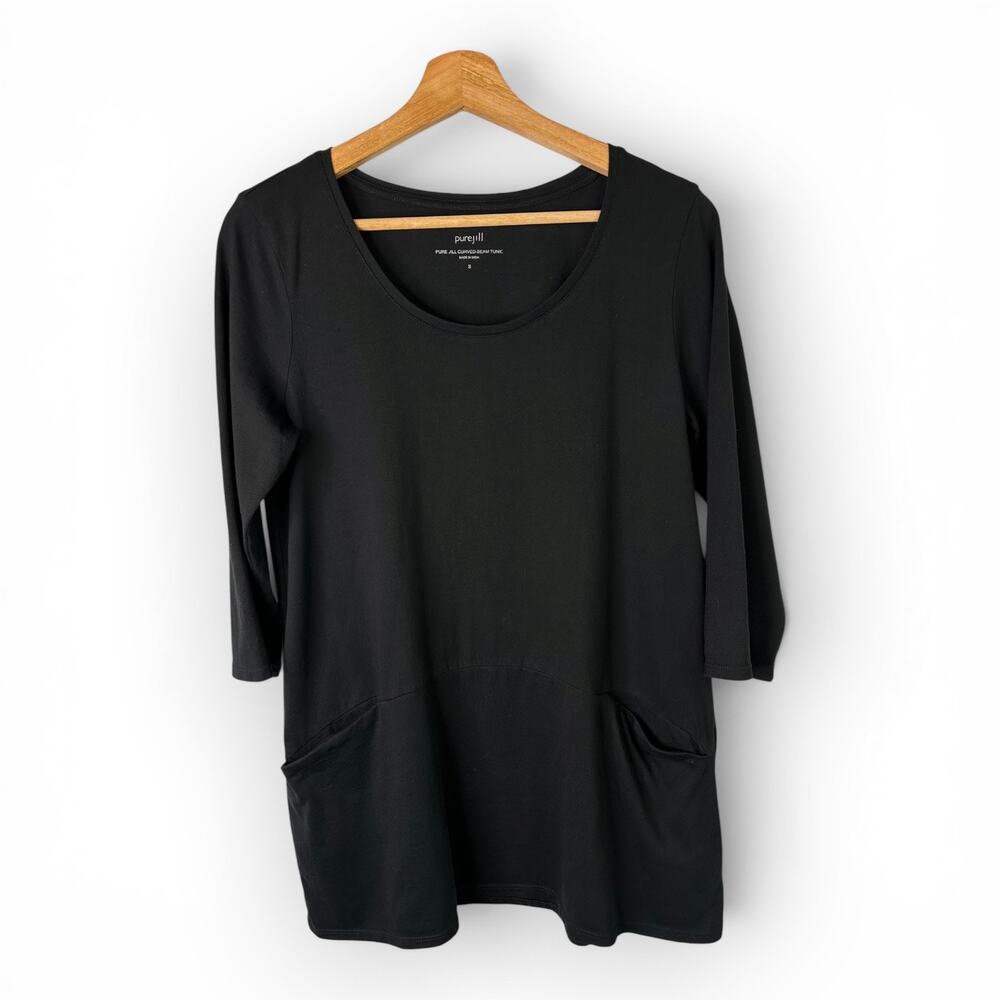 Pure Jill J Jill Curved Seam Tunic Top Black 3/4 Sleeve Knit Blouse Womens Small